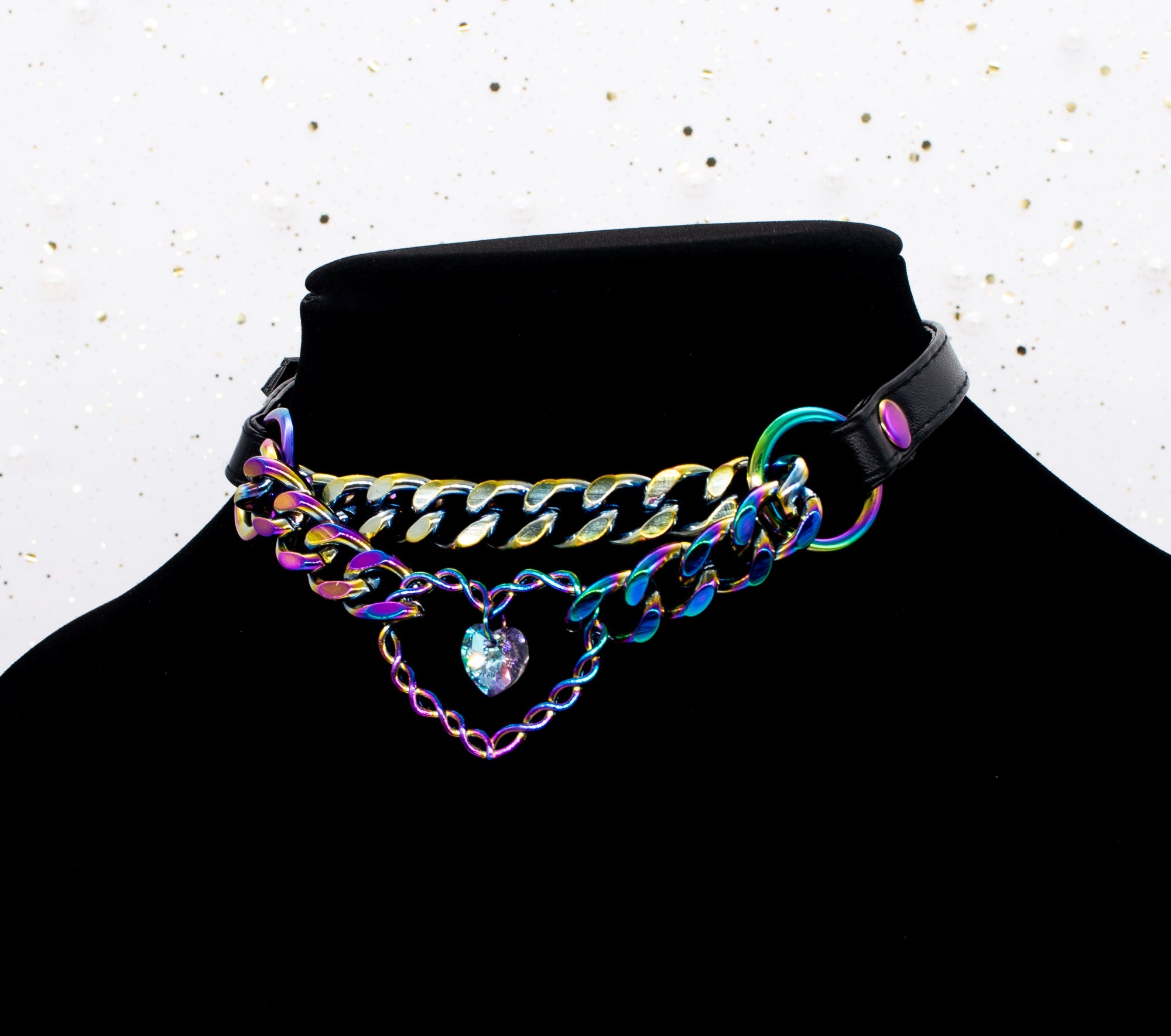 Crystal Heart Ring Black Vegan Leather Martingale Collar in Rainbow
