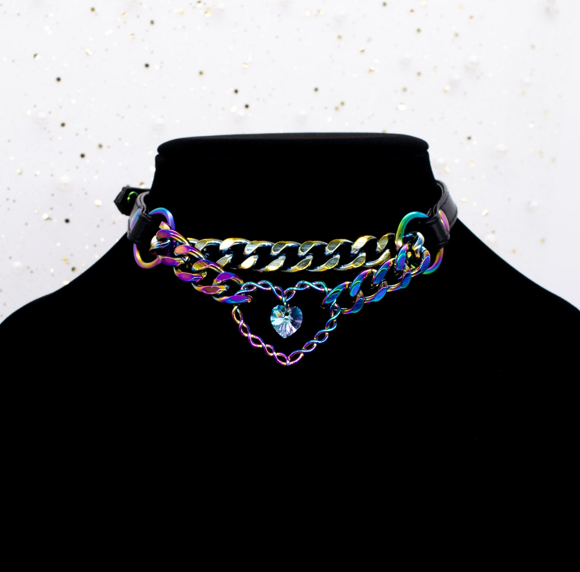 Swarovski Heart Ring Black Vegan Leather Martingale Collar in Rainbow
