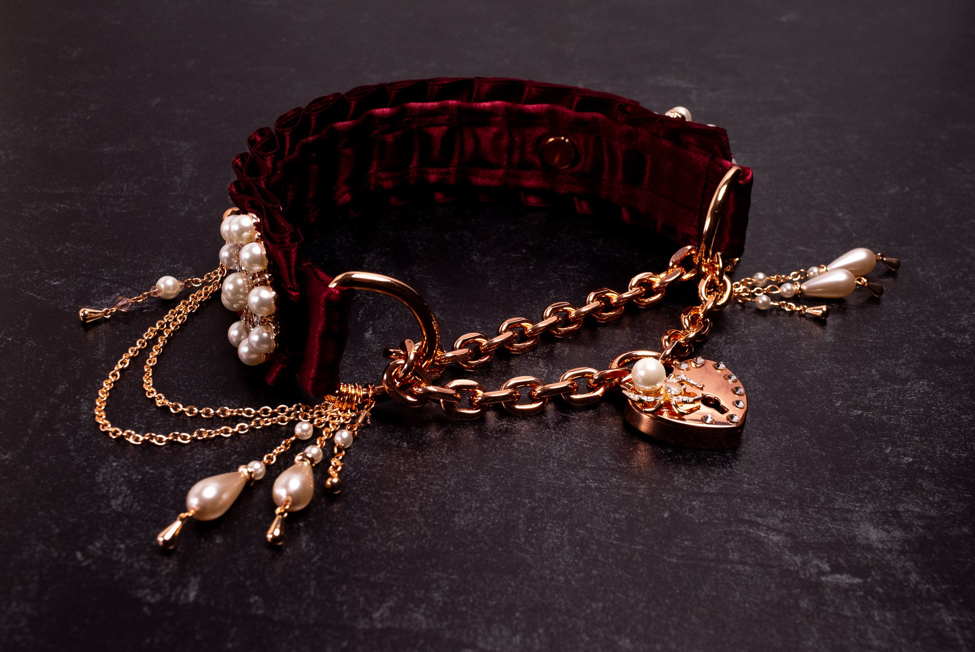 "Bound in Gossamer" - 13" - Rose Gold & Burgundy Velvet Luxury Locking Martingale Collar