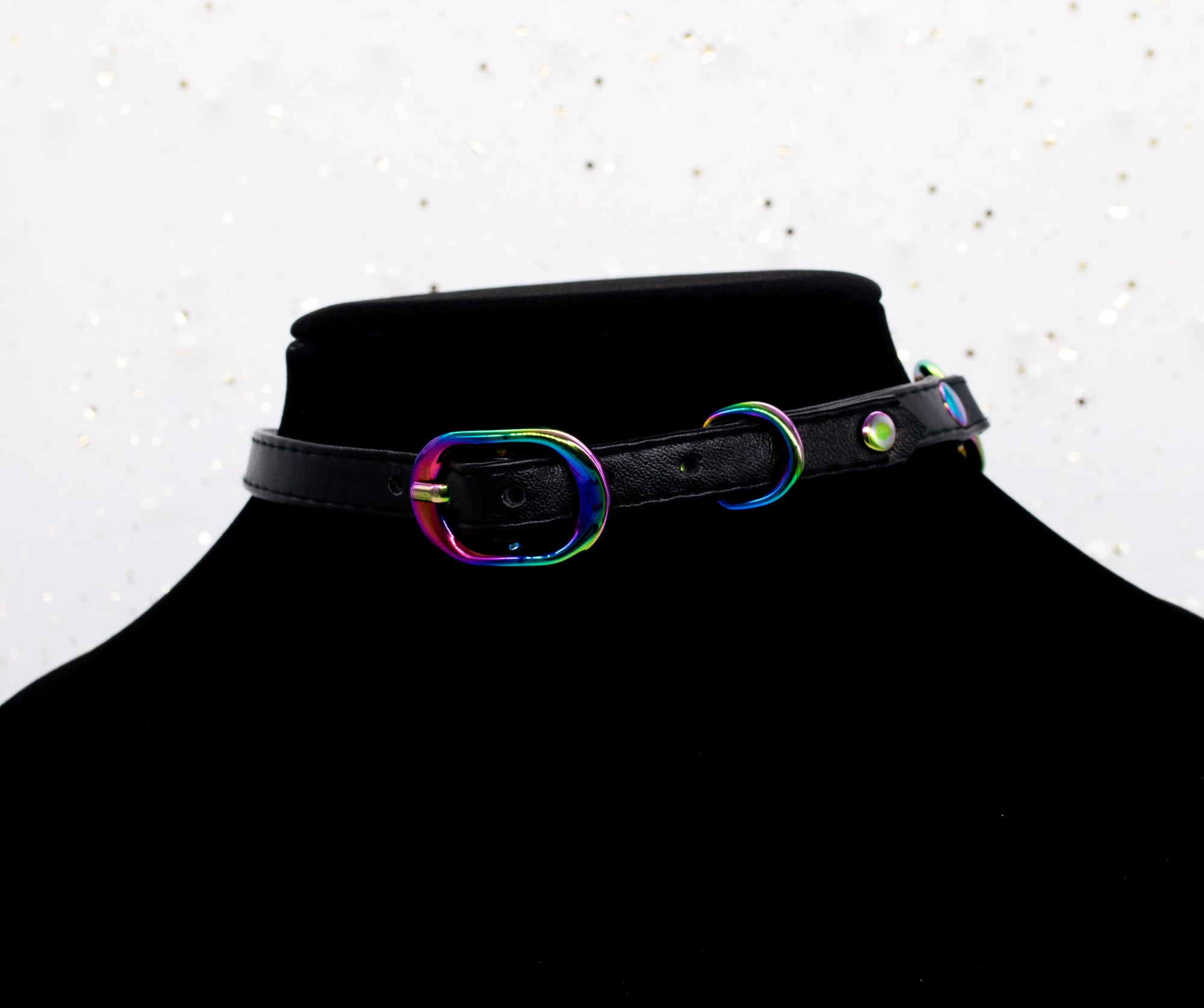 Crystal Heart Ring Black Vegan Leather Martingale Collar in Rainbow
