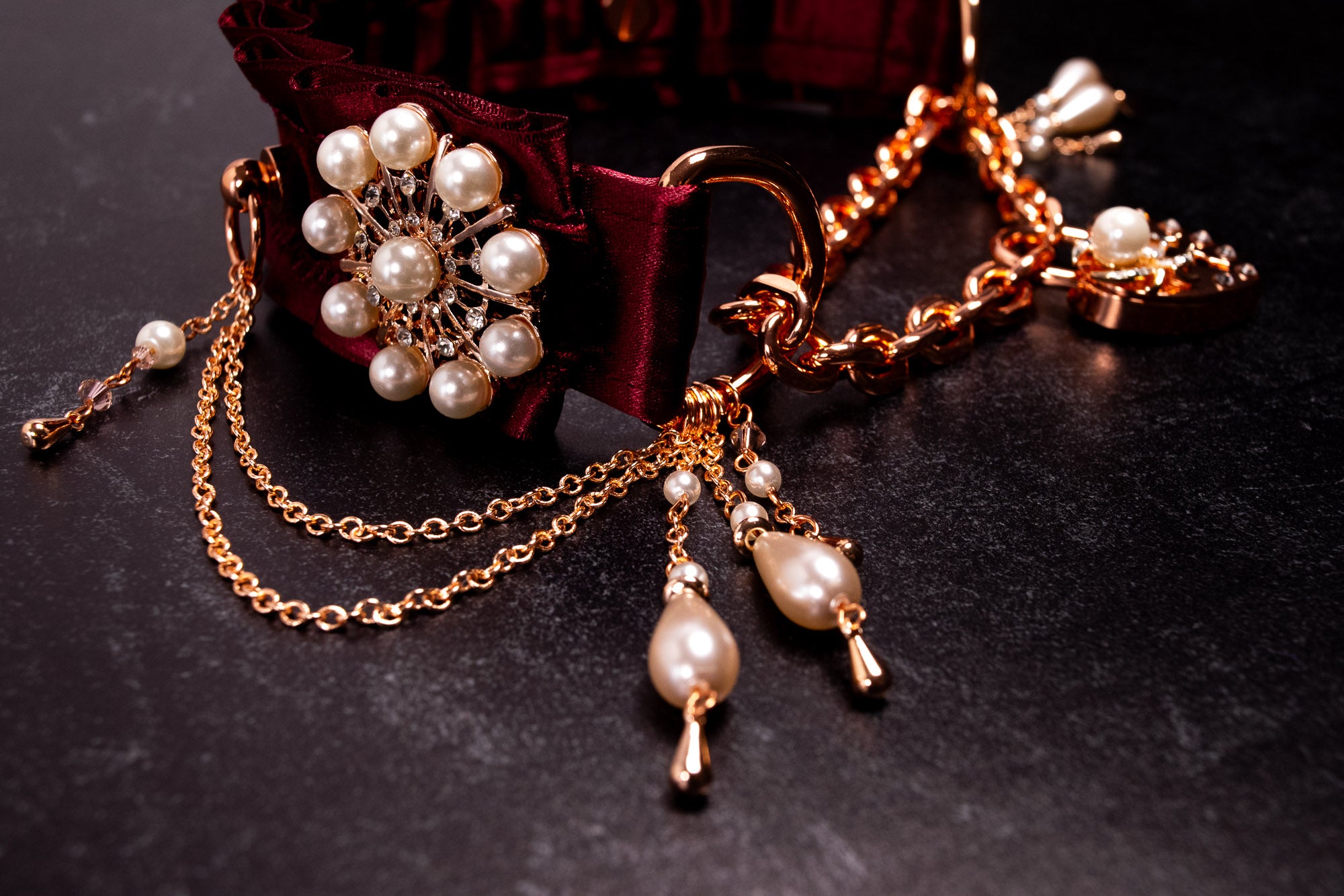 "Bound in Gossamer" - 13" - Rose Gold & Burgundy Velvet Luxury Locking Martingale Collar