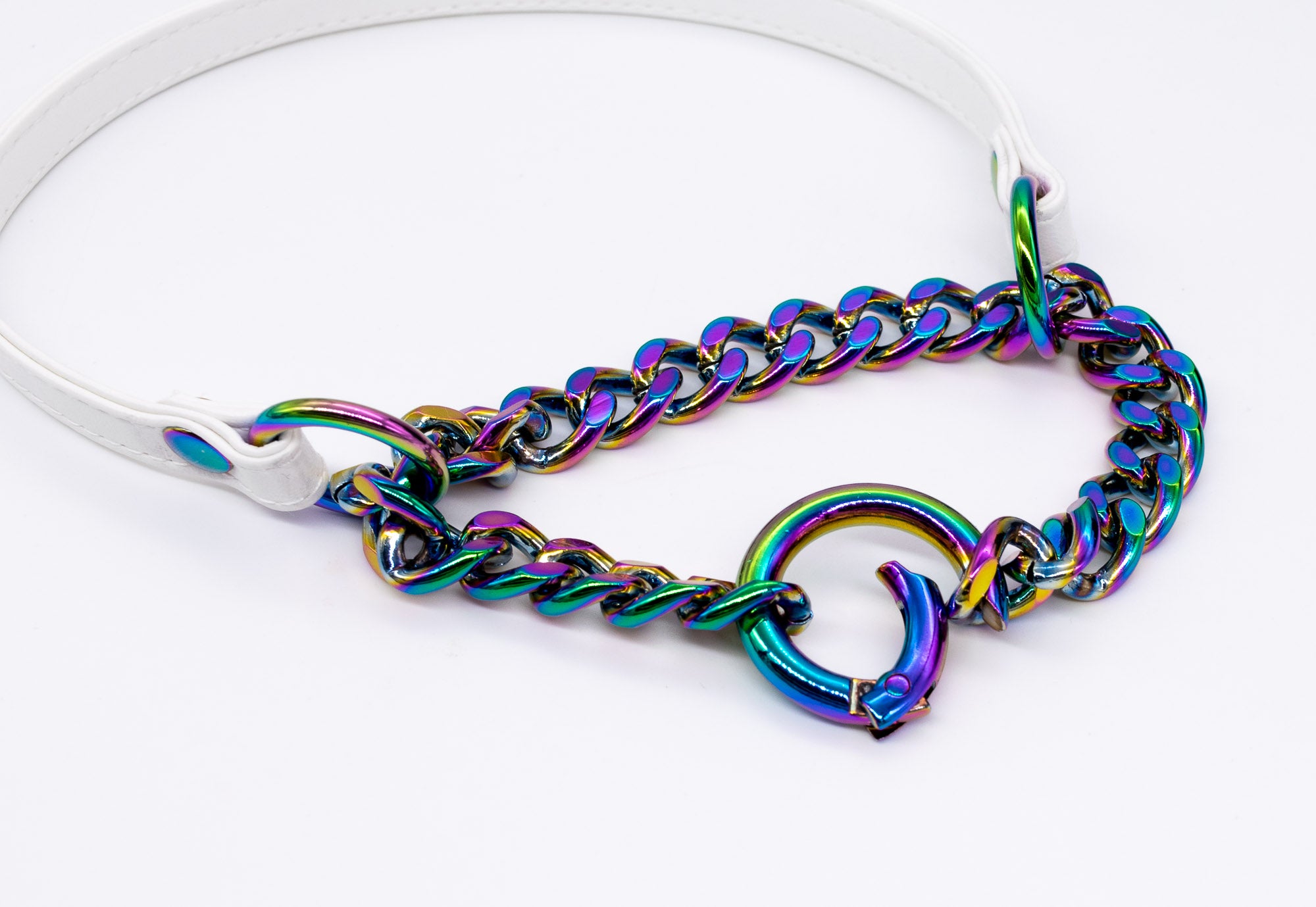 3/8" Front-Closing White Vegan Leather Martingale Collar in Rainbow