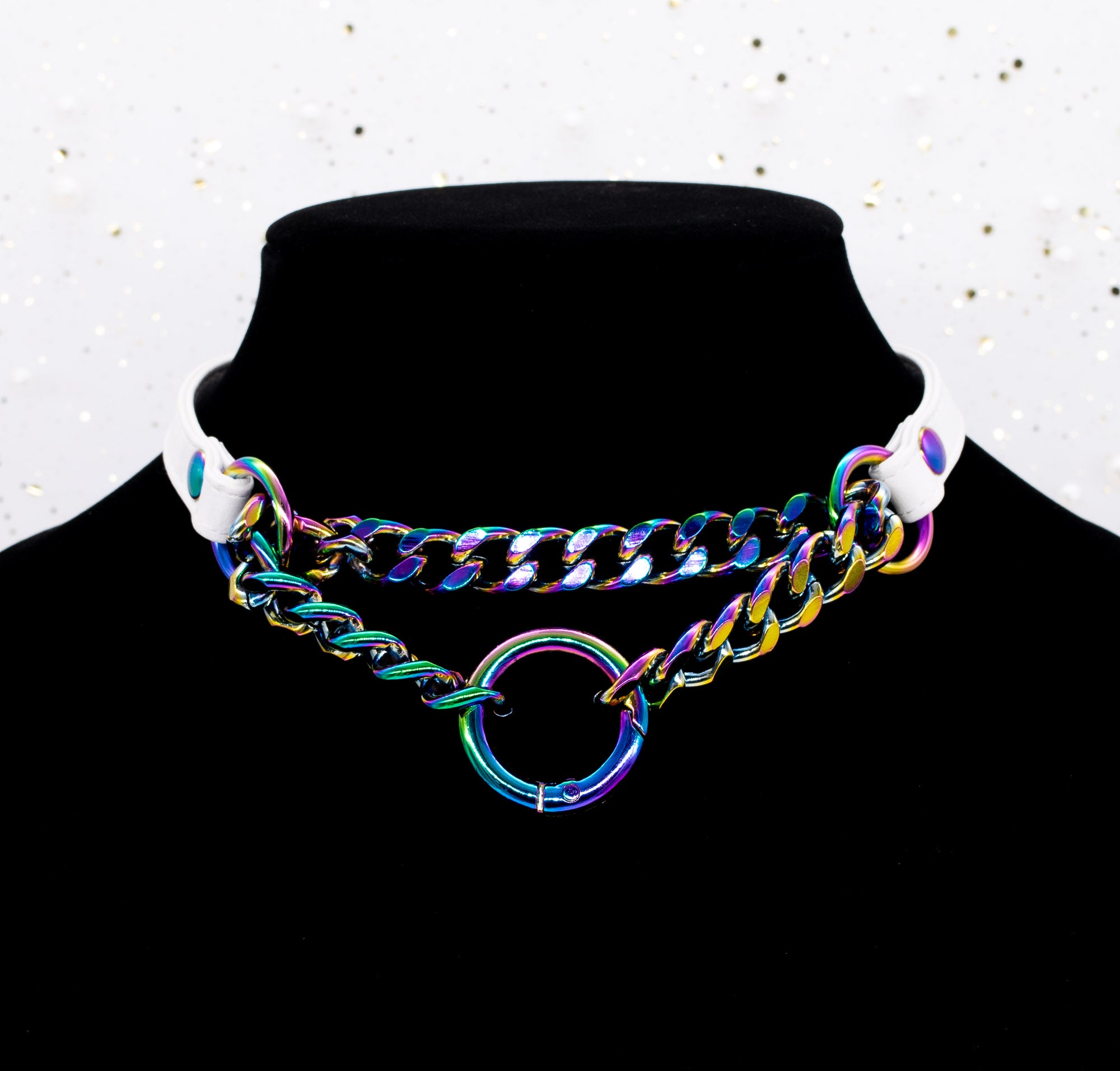 3/8" Front-Closing White Vegan Leather Martingale Collar in Rainbow