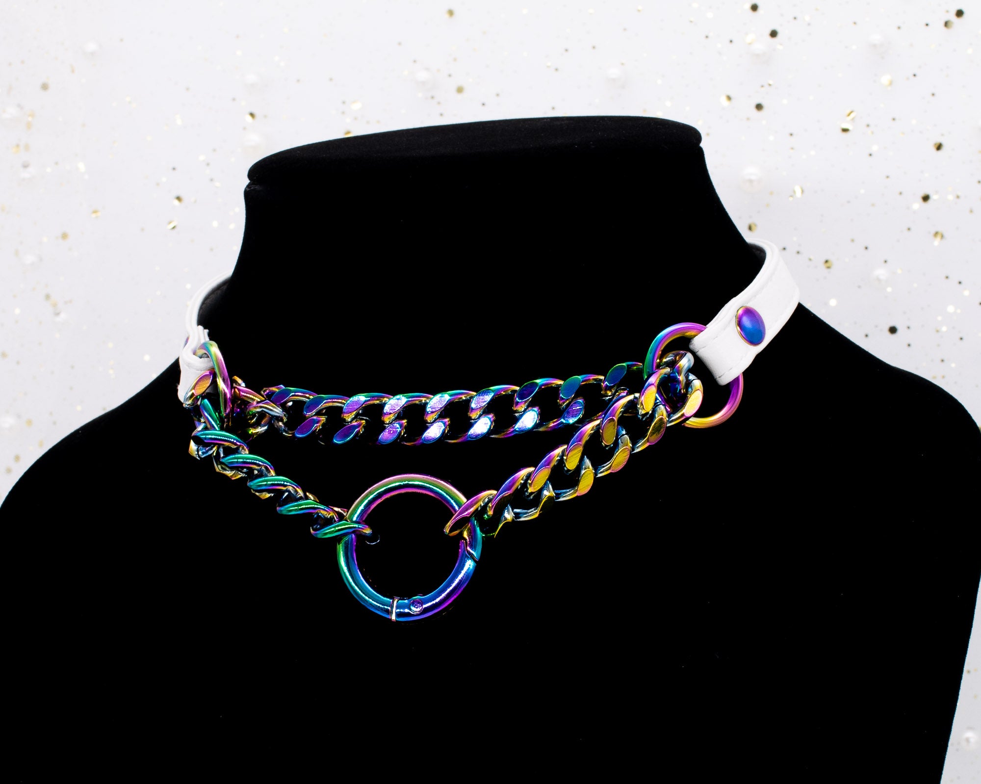 3/8" Front-Closing White Vegan Leather Martingale Collar in Rainbow