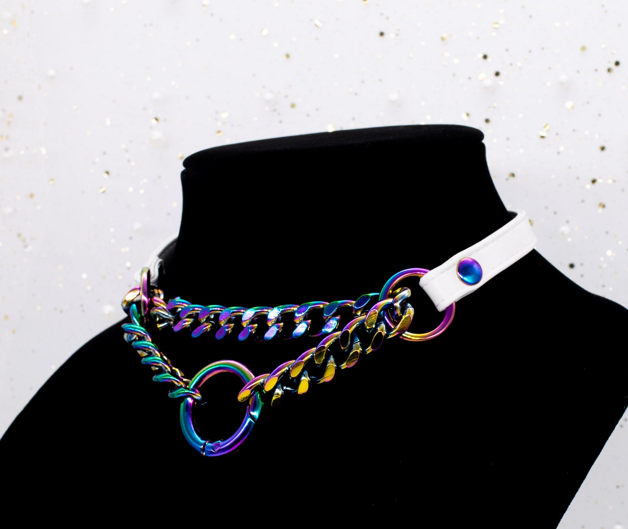 3/8" Front-Closing White Vegan Leather Martingale Collar in Rainbow