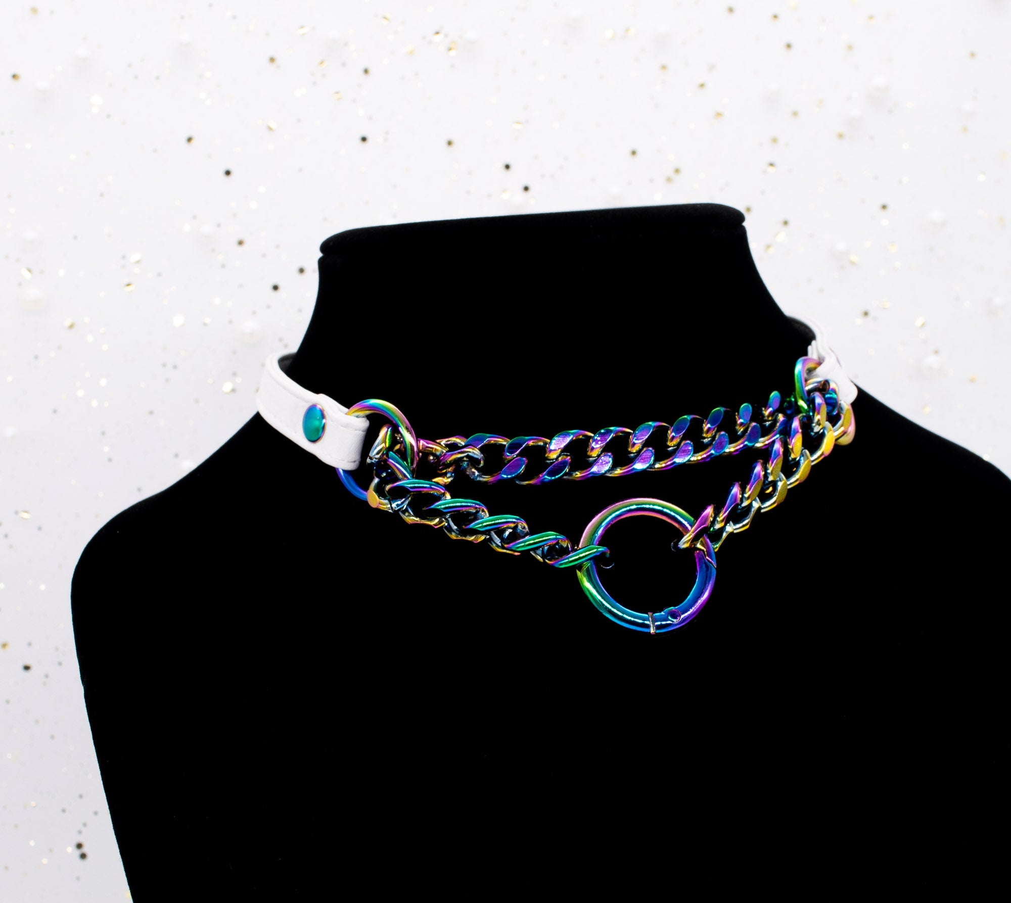 3/8" Front-Closing White Vegan Leather Martingale Collar in Rainbow