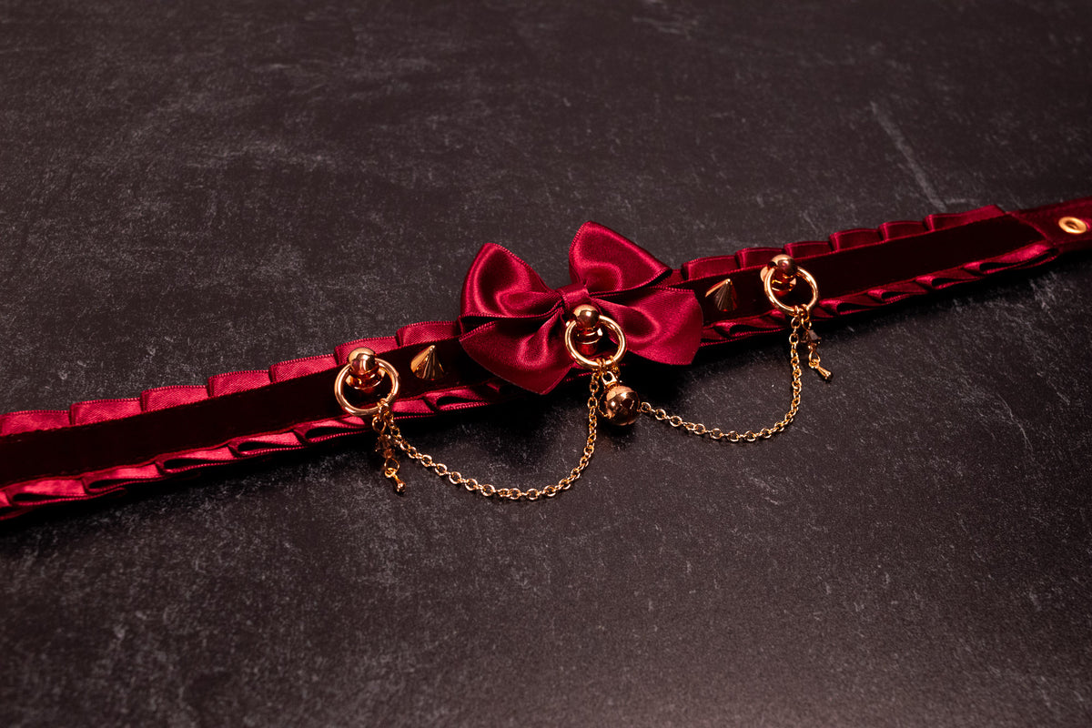 12.5" - 15" - "SYLVIE" - Burgundy Velvet & Rose Gold Spiked Luxury Collar