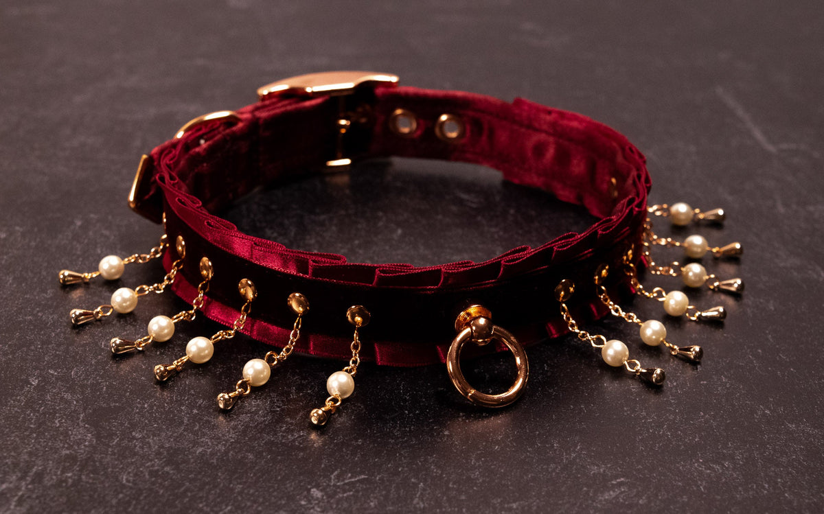 12.5" - 15" - "VIVIENNE" - Burgundy Velvet, Pearl & Rose Gold Luxury Collar