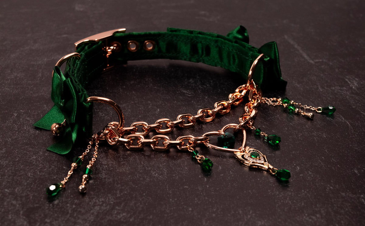 12" - 14.5" - "Fleur de Soie" - Hunter Green Velvet & Rose Gold Luxury Martingale Collar
