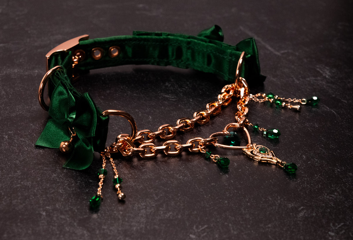 12" - 14.5" - "Fleur de Soie" - Hunter Green Velvet & Rose Gold Luxury Martingale Collar