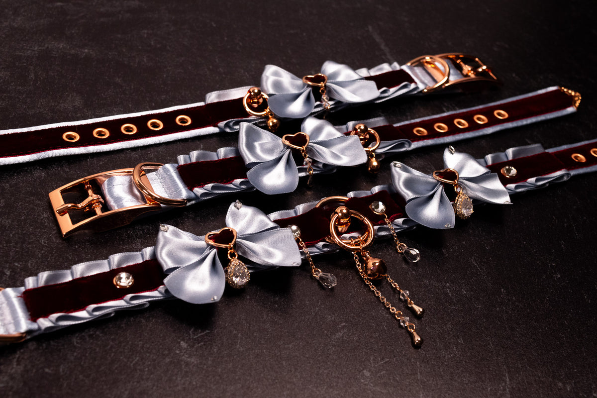 12.5" - 15" - "VALMONT" - French Blue, Burgundy Velvet & Rose Gold Luxury Collar