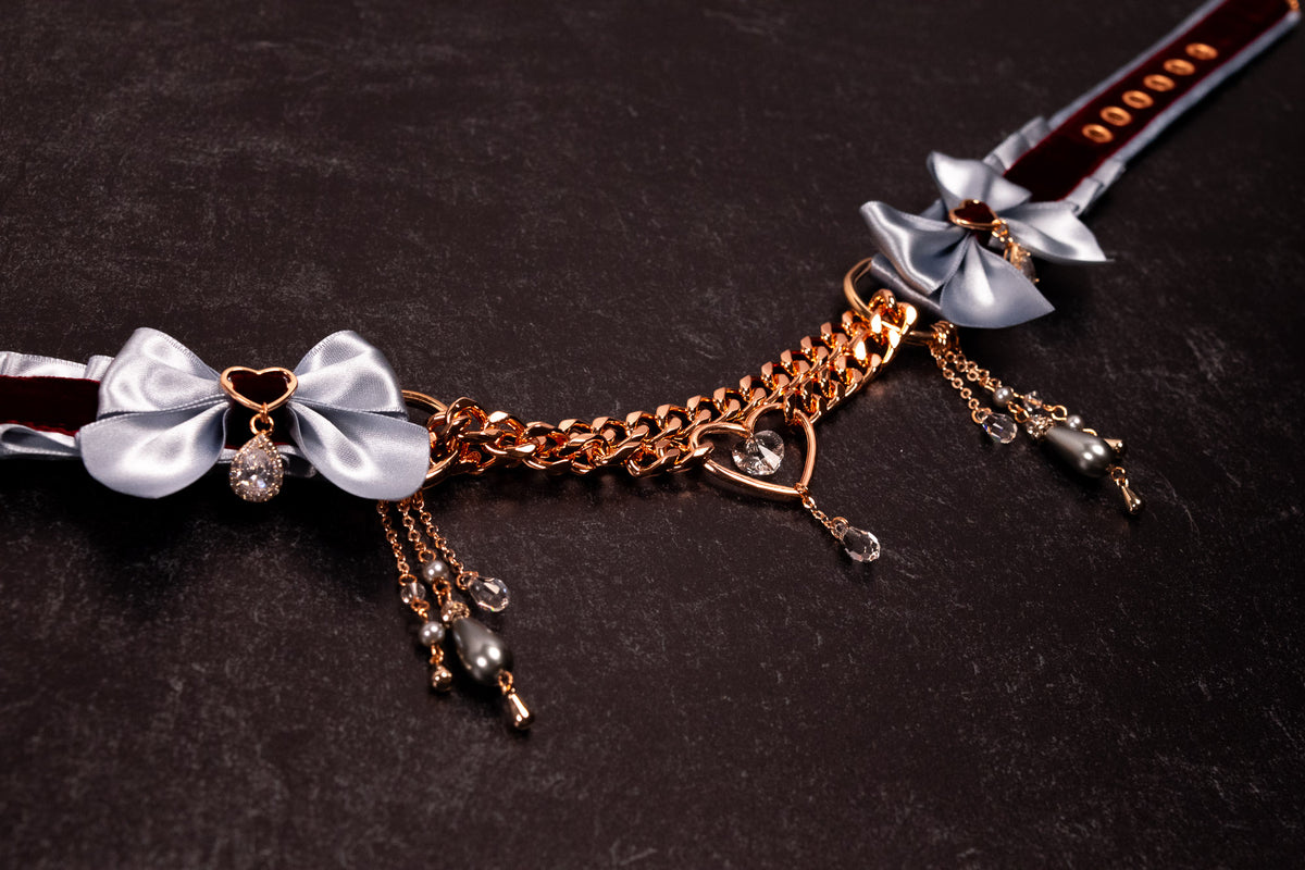 12" - 14.5" - "VALMONT" - French Blue, Burgundy Velvet & Rose Gold Luxury Martingale Collar