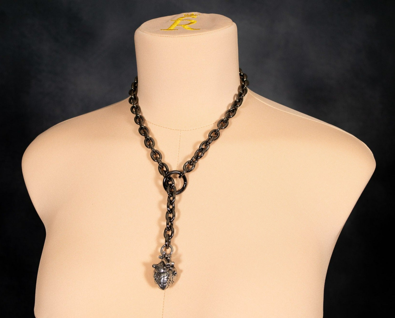 Gunmetal Heart Pendant O-link Slip Chain Collar
