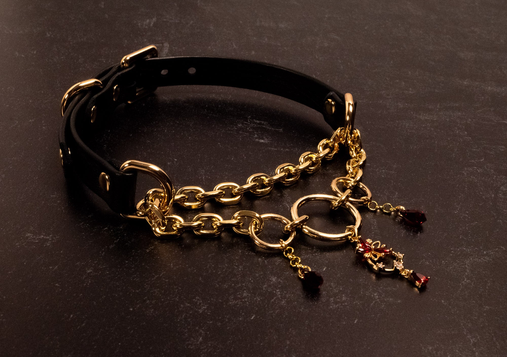 "Crimson Bloom" - Black Leather Tri-Ring Crystal Martingale Collar _ LIMITED _