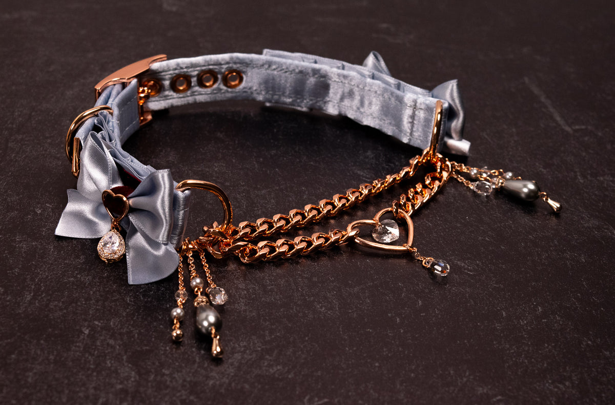 12" - 14.5" - "VALMONT" - French Blue, Burgundy Velvet & Rose Gold Luxury Martingale Collar