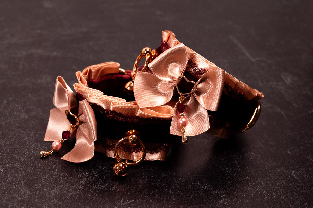"SADIE" - 6" - 8" Rose Gold & Burgundy Velvet Lace Cuffs
