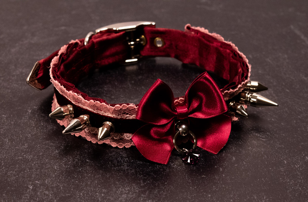 12.5" - 15" - "House of Thorns" - Burgundy Velvet, Lace & Silver Spiked Collar