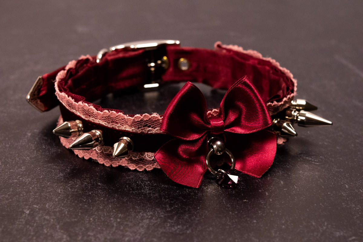 12.5" - 15" - "House of Thorns" - Burgundy Velvet, Lace & Silver Spiked Collar
