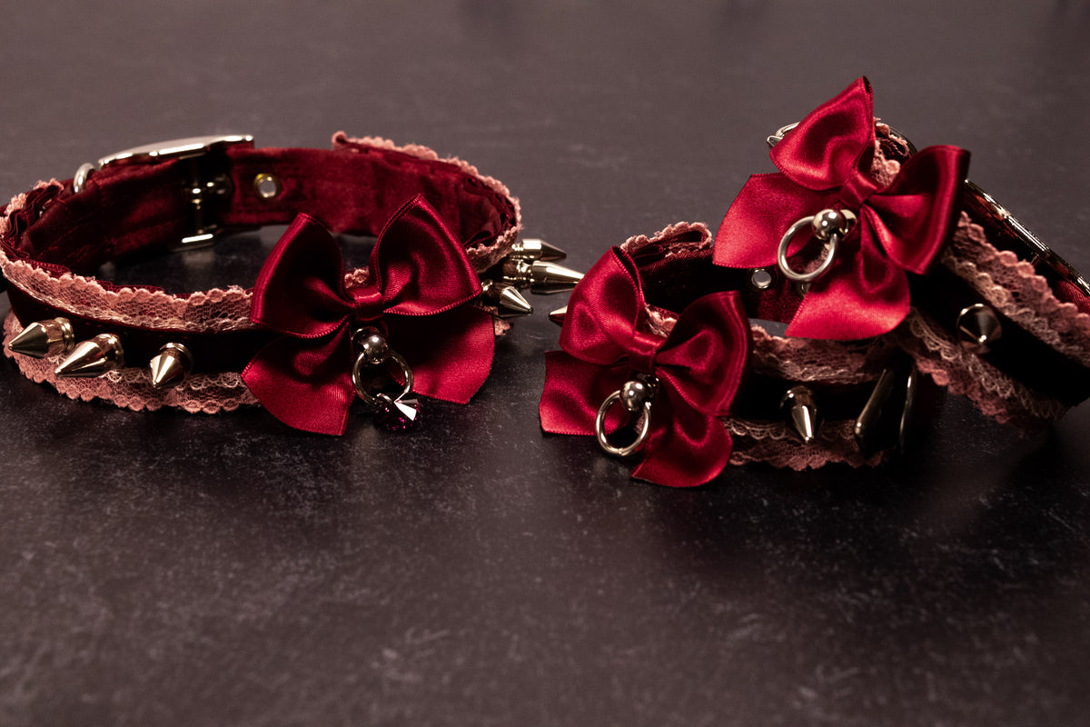 "House of Thorns" - 6" - 8" Burgundy Velvet Lace Spiked Cuffs in Silver