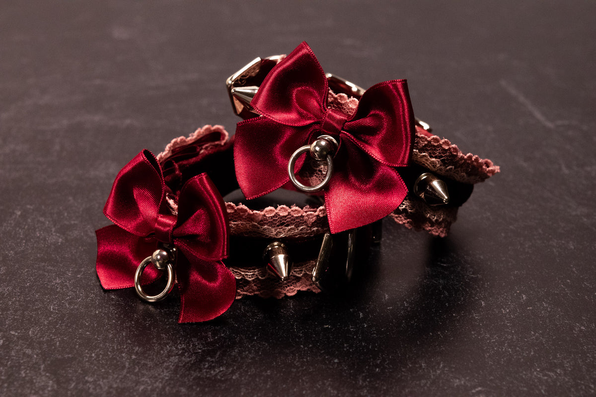 "House of Thorns" - 6" - 8" Burgundy Velvet Lace Spiked Cuffs in Silver