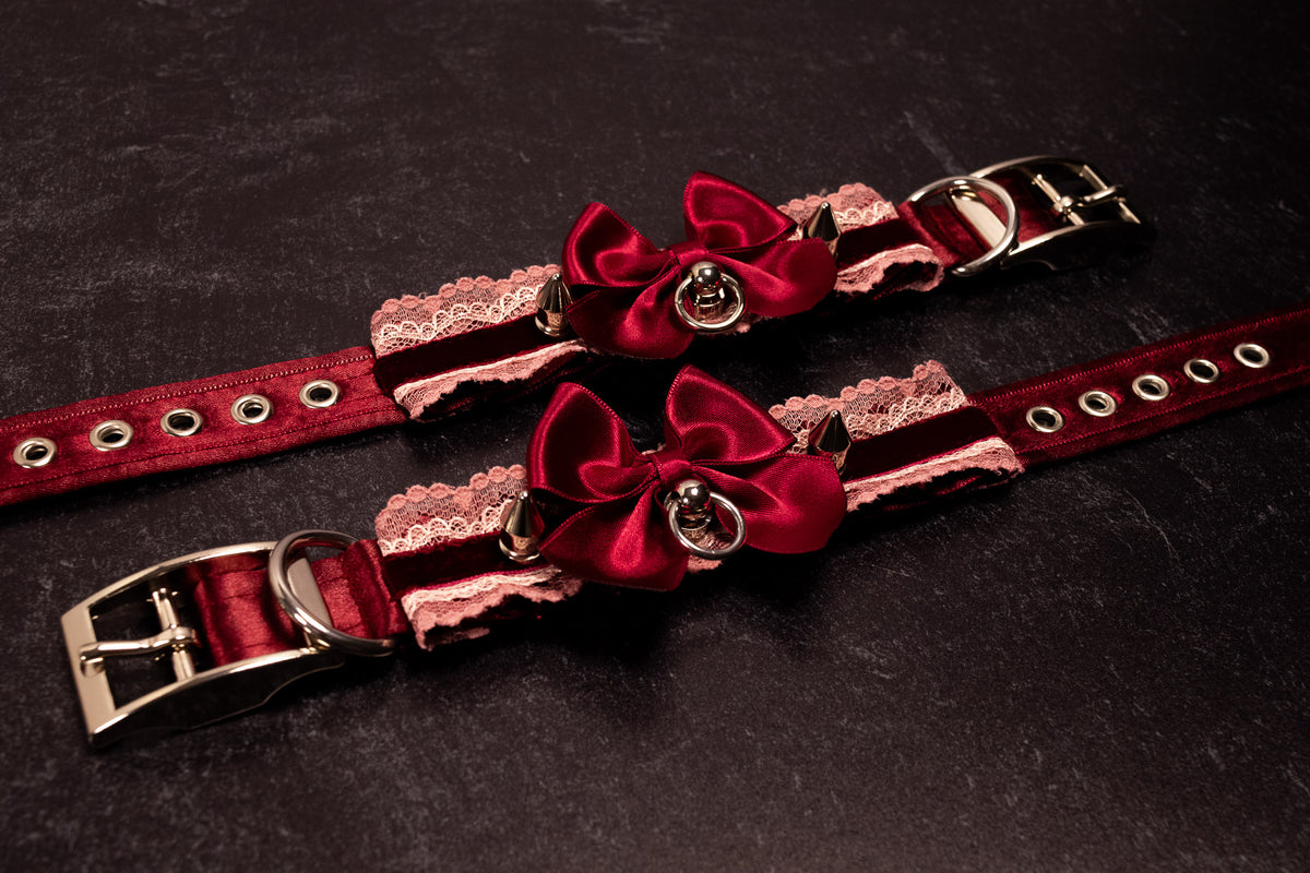 "House of Thorns" - 6" - 8" Burgundy Velvet Lace Spiked Cuffs in Silver