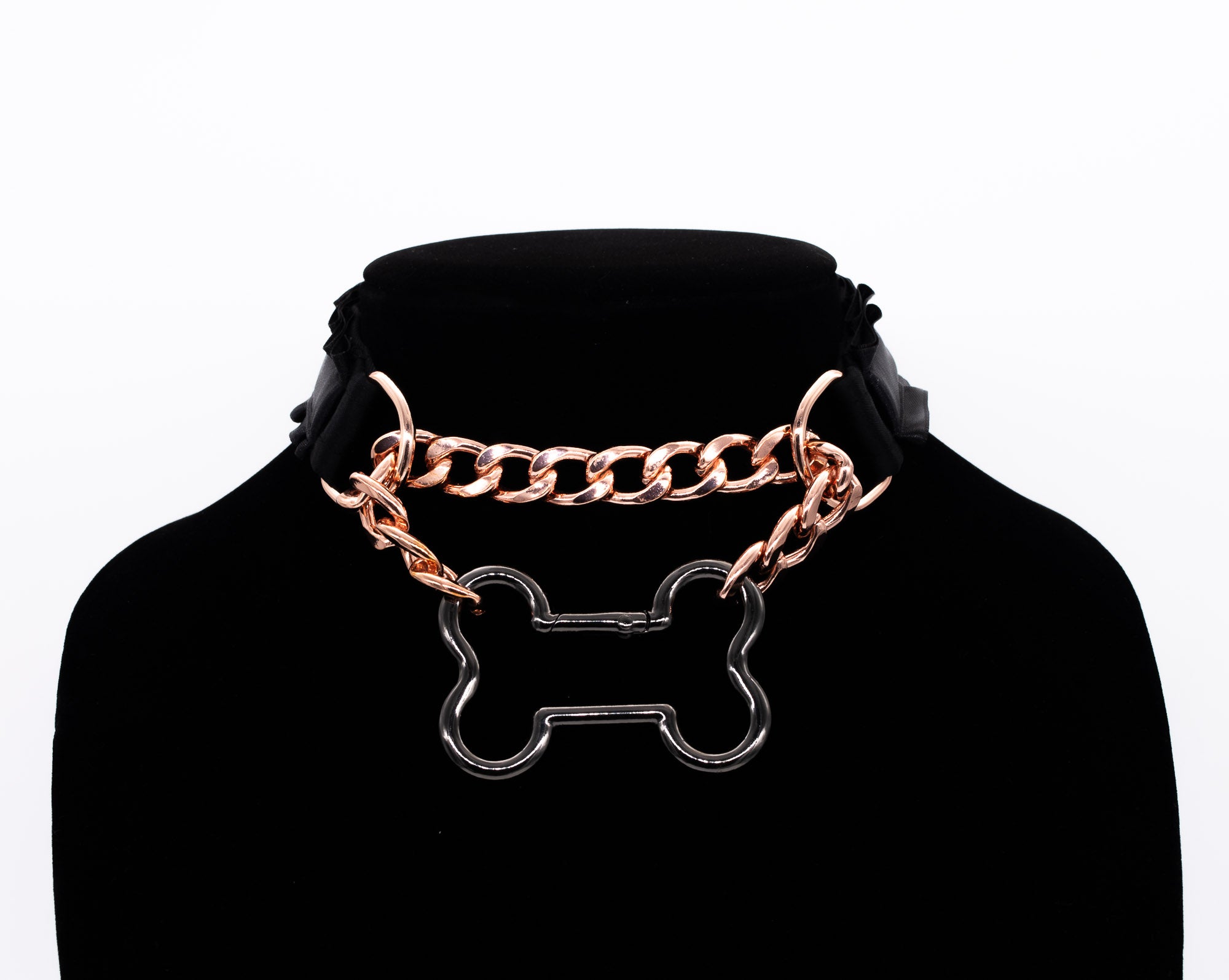 Black Front-Closing Bone Martingale BDSM Collar in Rose Gold & Gunmetal