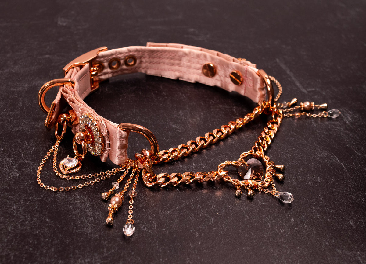 "MARGOT" - 12.5" - 14.5" - Dusty Rose Lace & Rose Gold Luxury Martingale Collar