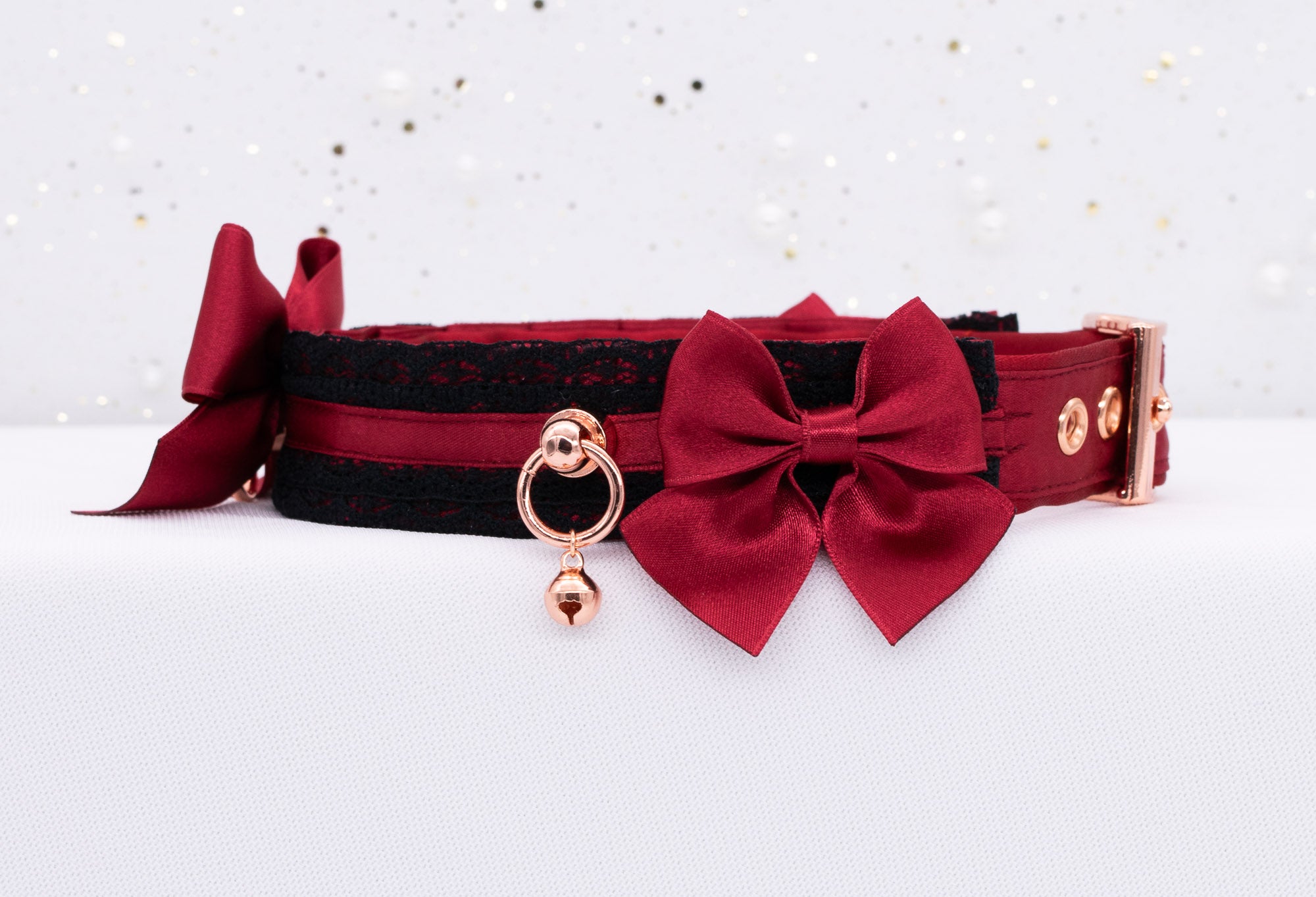Crimson and Black Lace Collar and Leash Set in Rose Gold