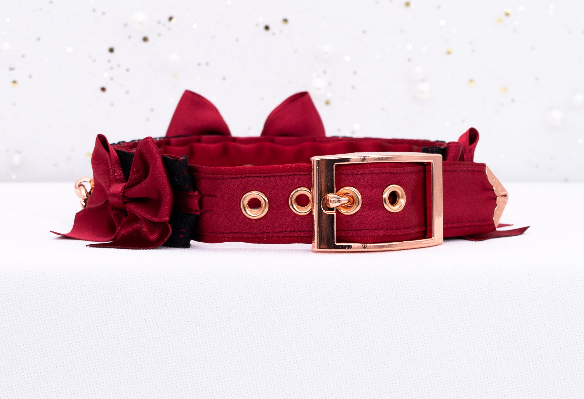 Crimson and Black Lace Collar and Leash Set in Rose Gold