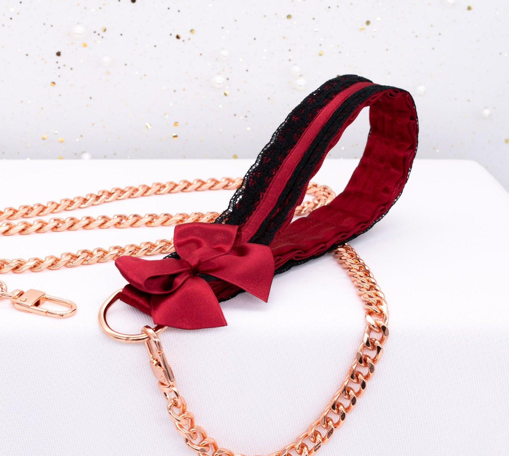 Crimson and Black Lace Luxury BDSM Leash in Rose Gold