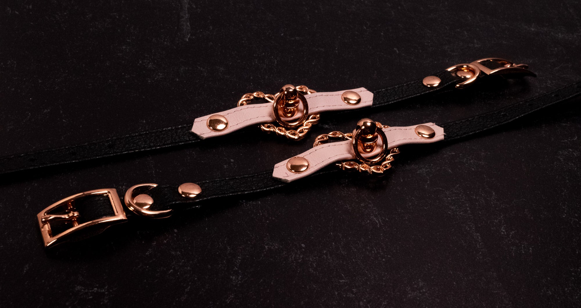 6" - 8" Black & Pale Blush Leather Chained Heart Cuffs _ LIMITED _