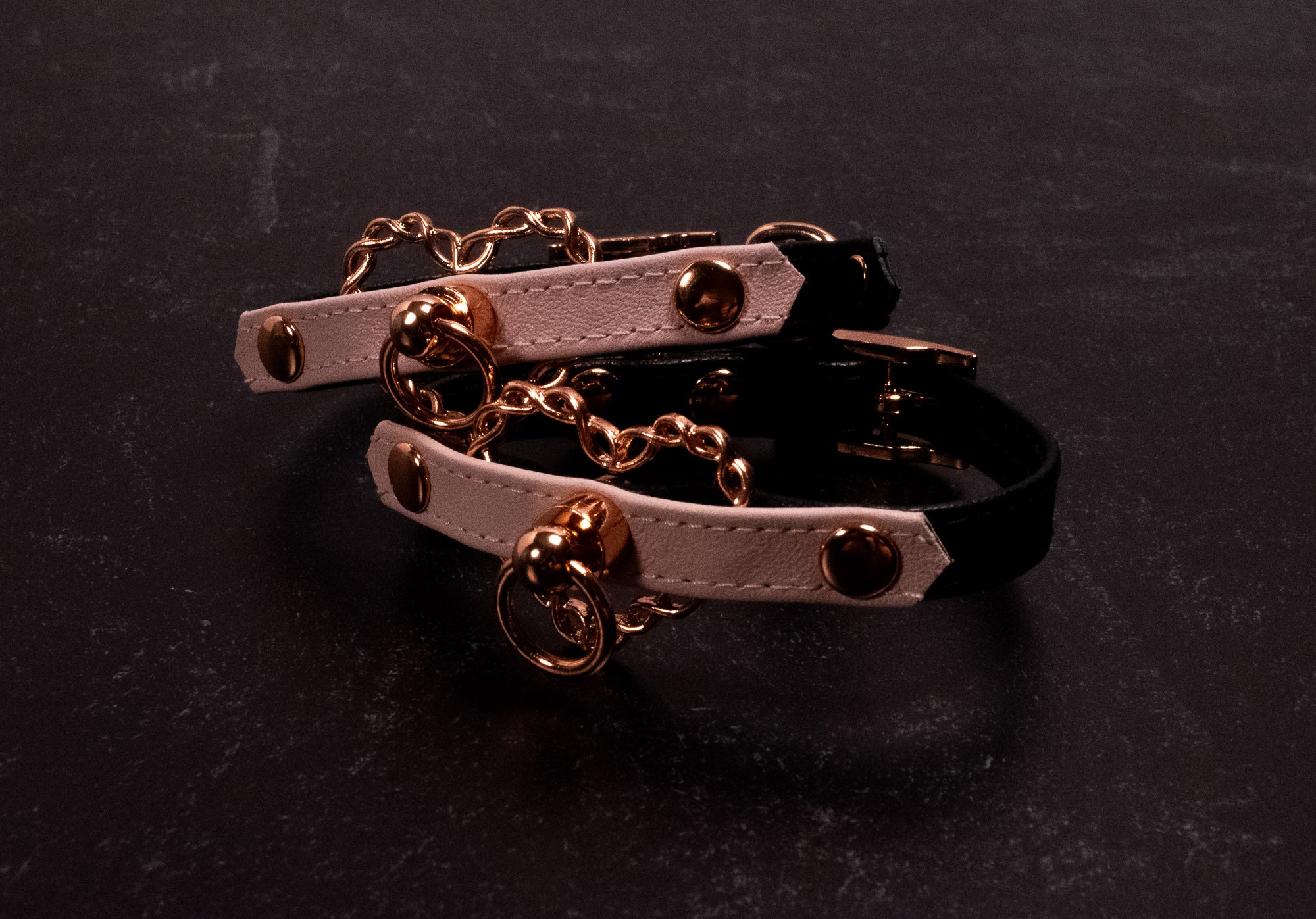 6" - 8" Black & Pale Blush Leather Chained Heart Cuffs _ LIMITED _