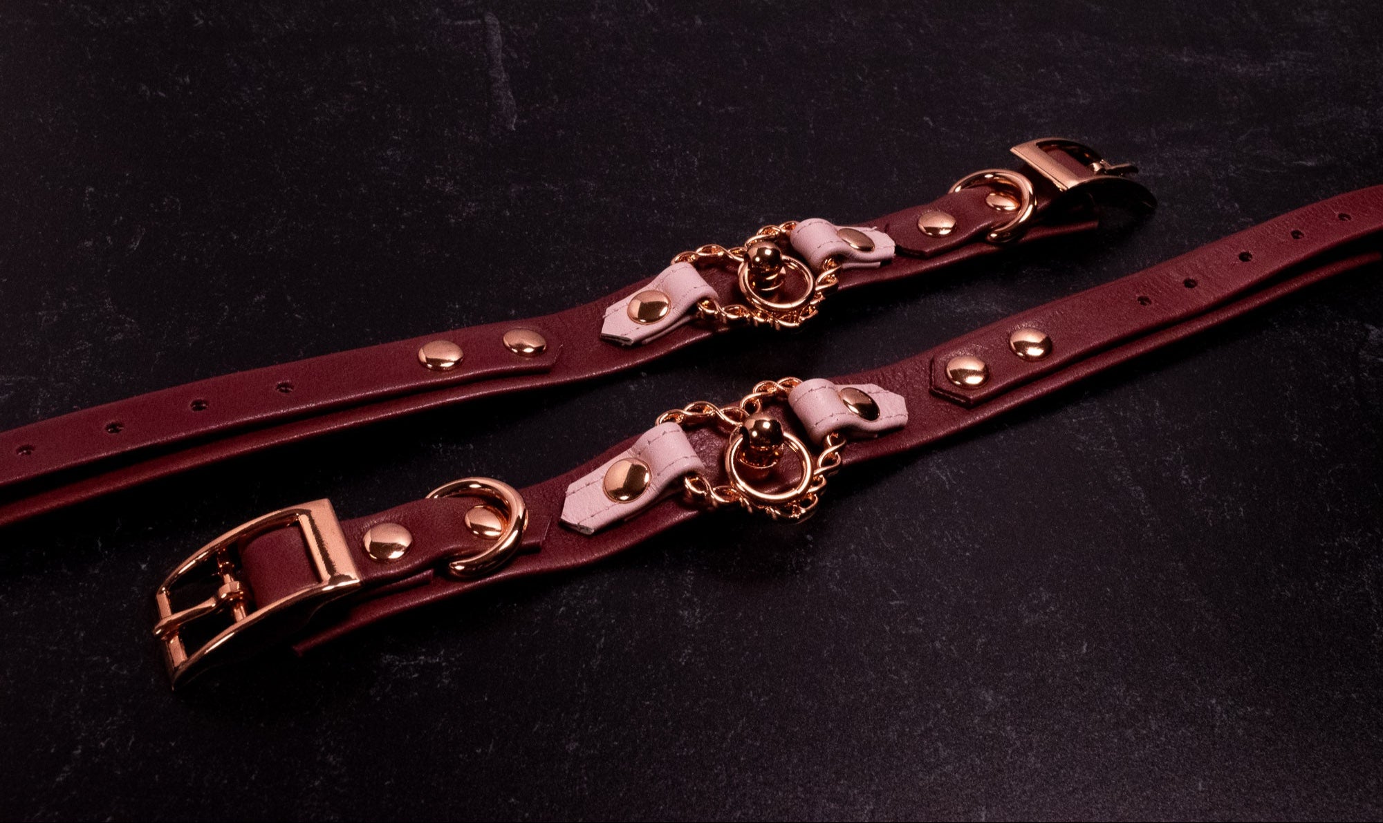 6" - 8" Wine & Pale Blush Leather Chained Heart Cuffs _ LIMITED _