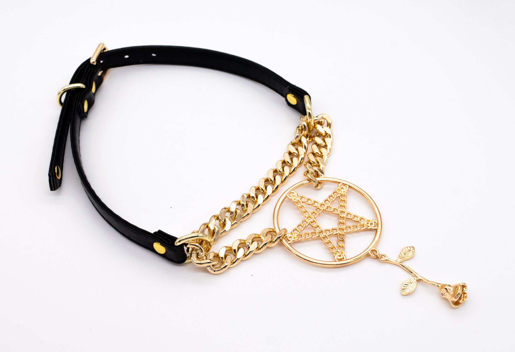 3/8" Black Pentacle Vegan Leather Martingale Collar in Gold with Rose