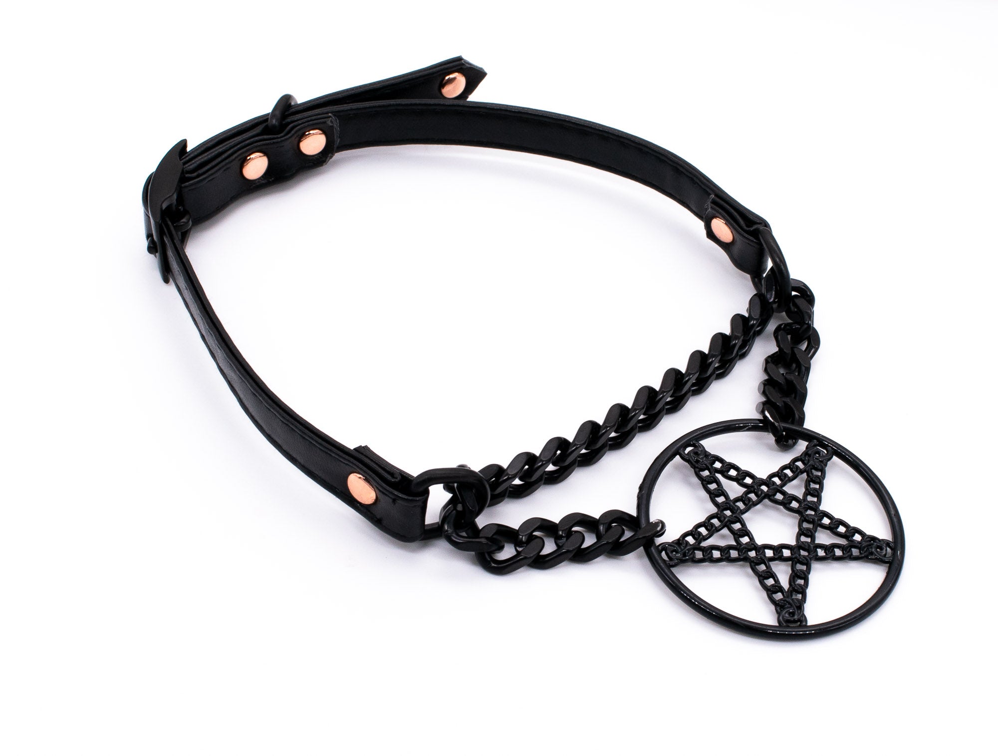 3/8" Black Pentacle Vegan Leather Martingale Collar in Rose Gold and Black