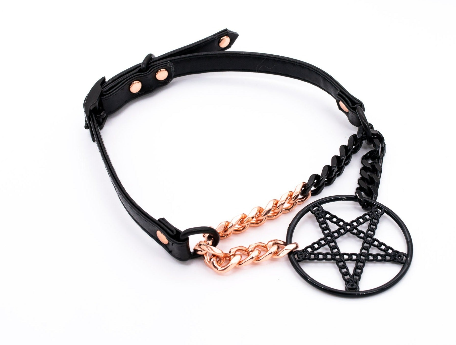 3/8" Split Black Pentacle Vegan Leather Martingale Collar in Rose Gold and Black