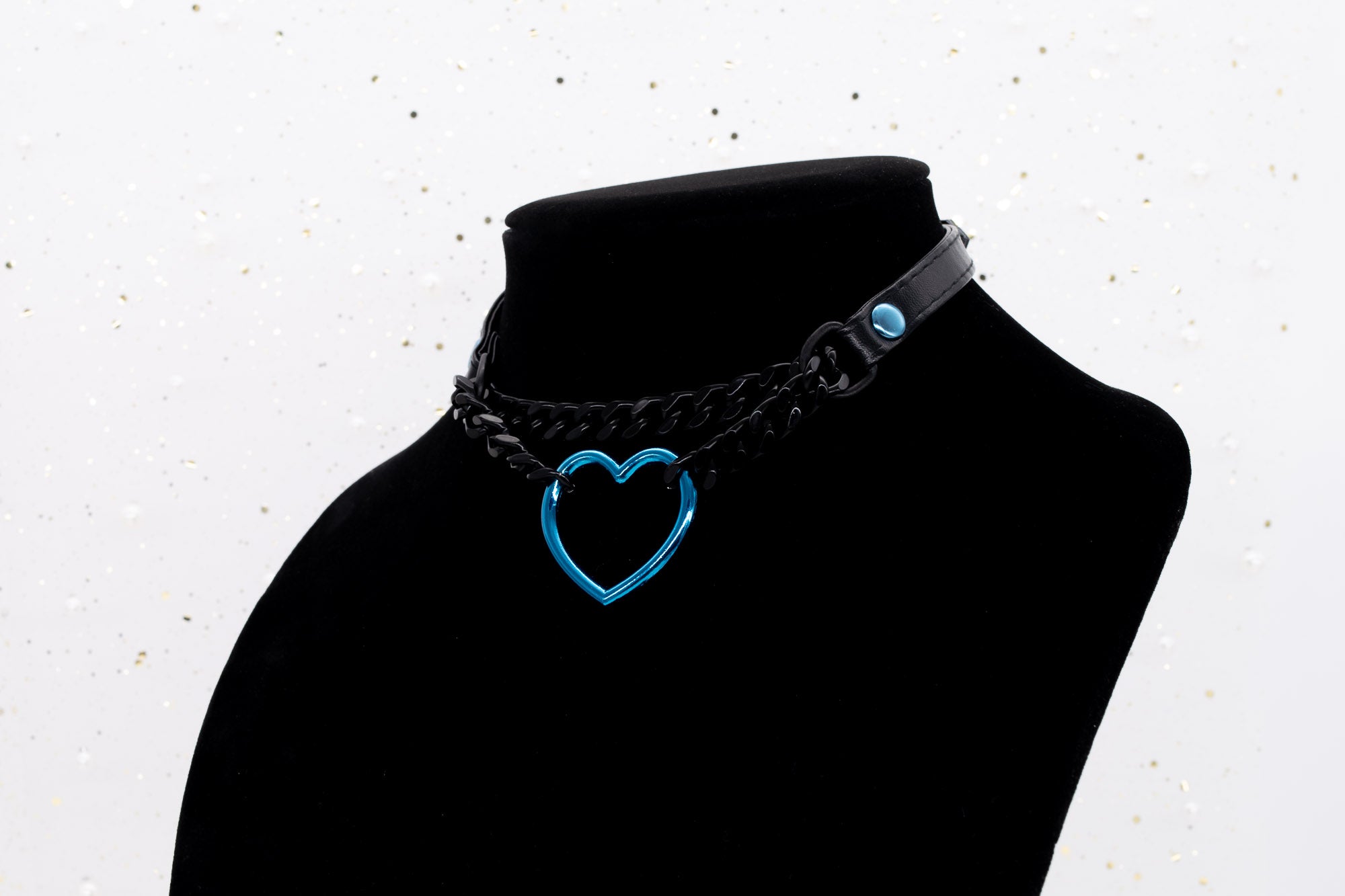 3/8" Blue Heart Ring Black Vegan Leather Martingale Collar