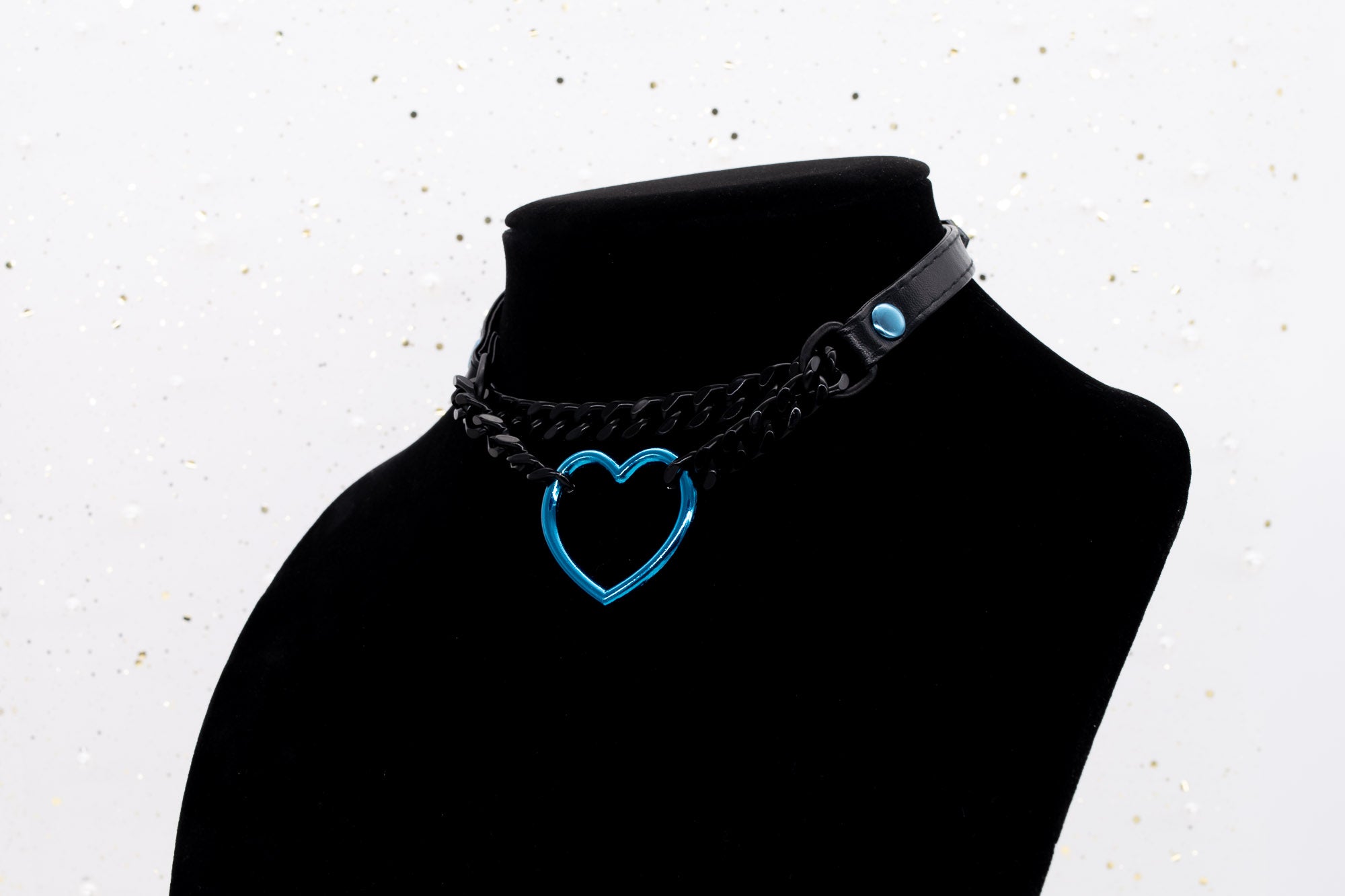 3/8" Blue Heart Ring Black Vegan Leather Martingale Collar