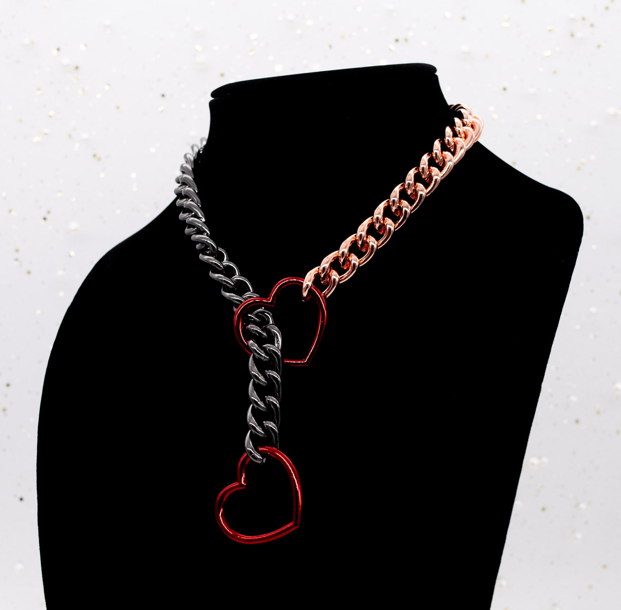 Rose Gold & Gunmetal Split Red Heart Slip Chain Collar