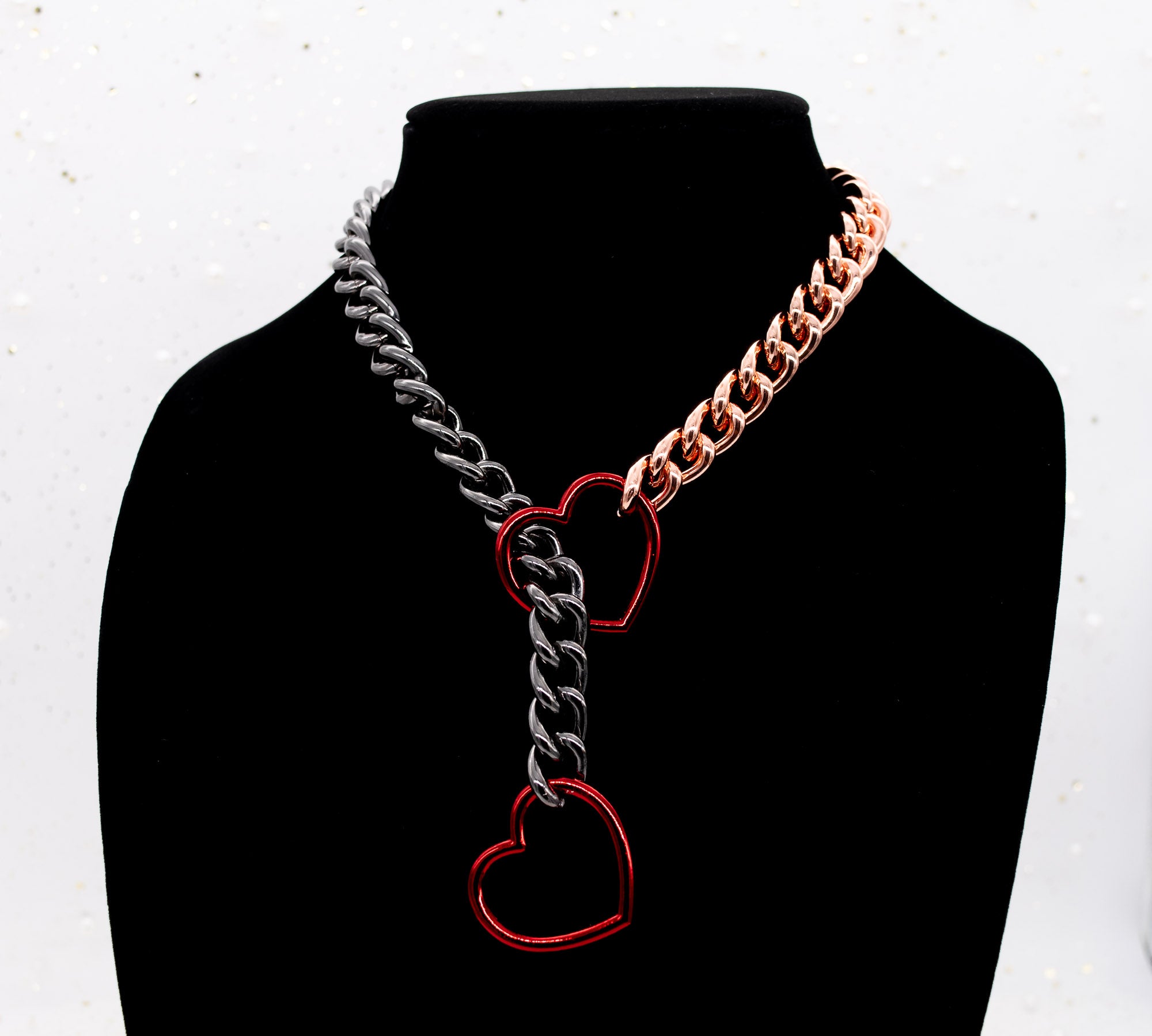 Rose Gold & Gunmetal Split Red Heart Slip Chain Collar