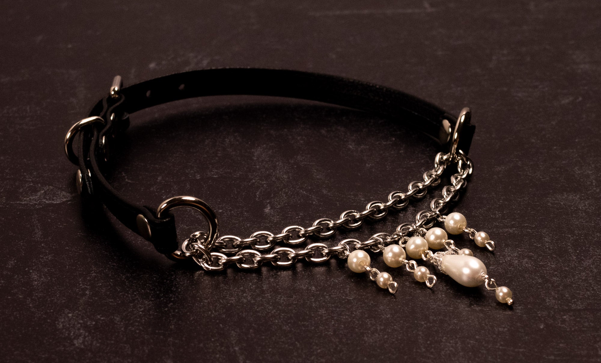 Black Leather Pearl Martingale Collar in Silver _ LIMITED _