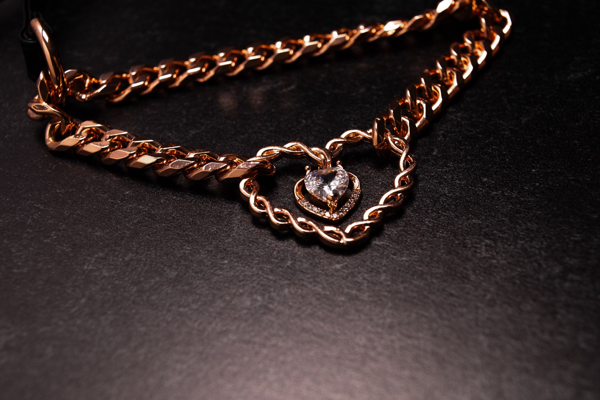 Black Leather Chained Heart Martingale Collar in Rose Gold
