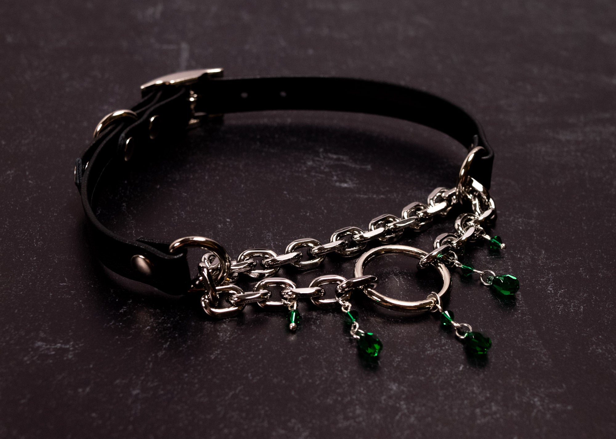 "Tears of Venus" - 12.5" - 15" Black Leather Forest Crystal Martingale Collar _ LIMITED _