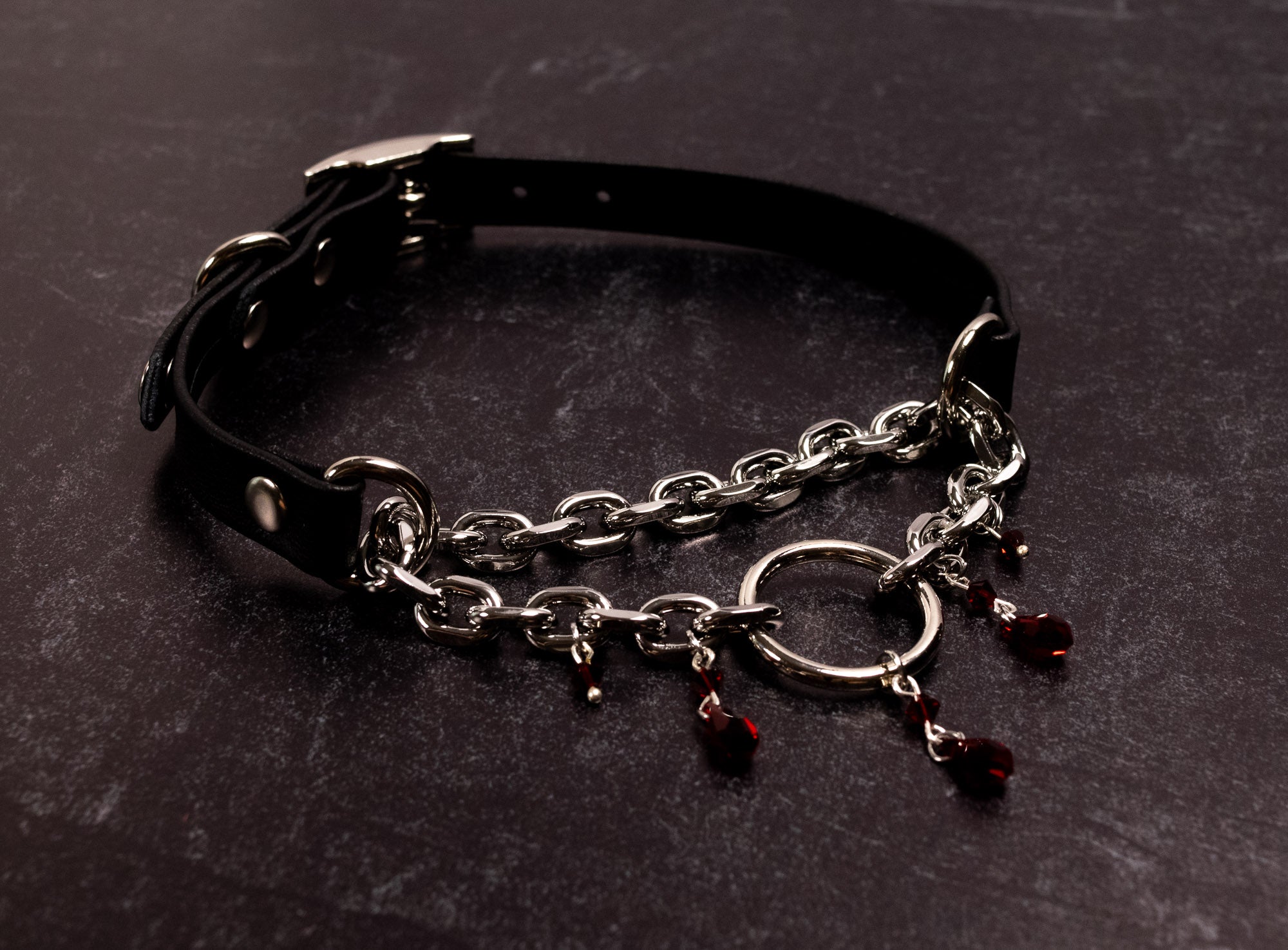 "Tears of Venus" - 12.5" - 15" Black Leather Crimson Crystal Martingale Collar _ LIMITED _