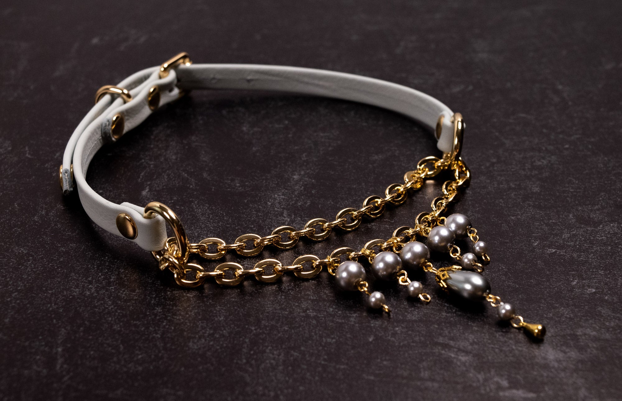 12.5" - 15" Slate Leather Pearl Martingale Collar in Gold _ LIMITED _