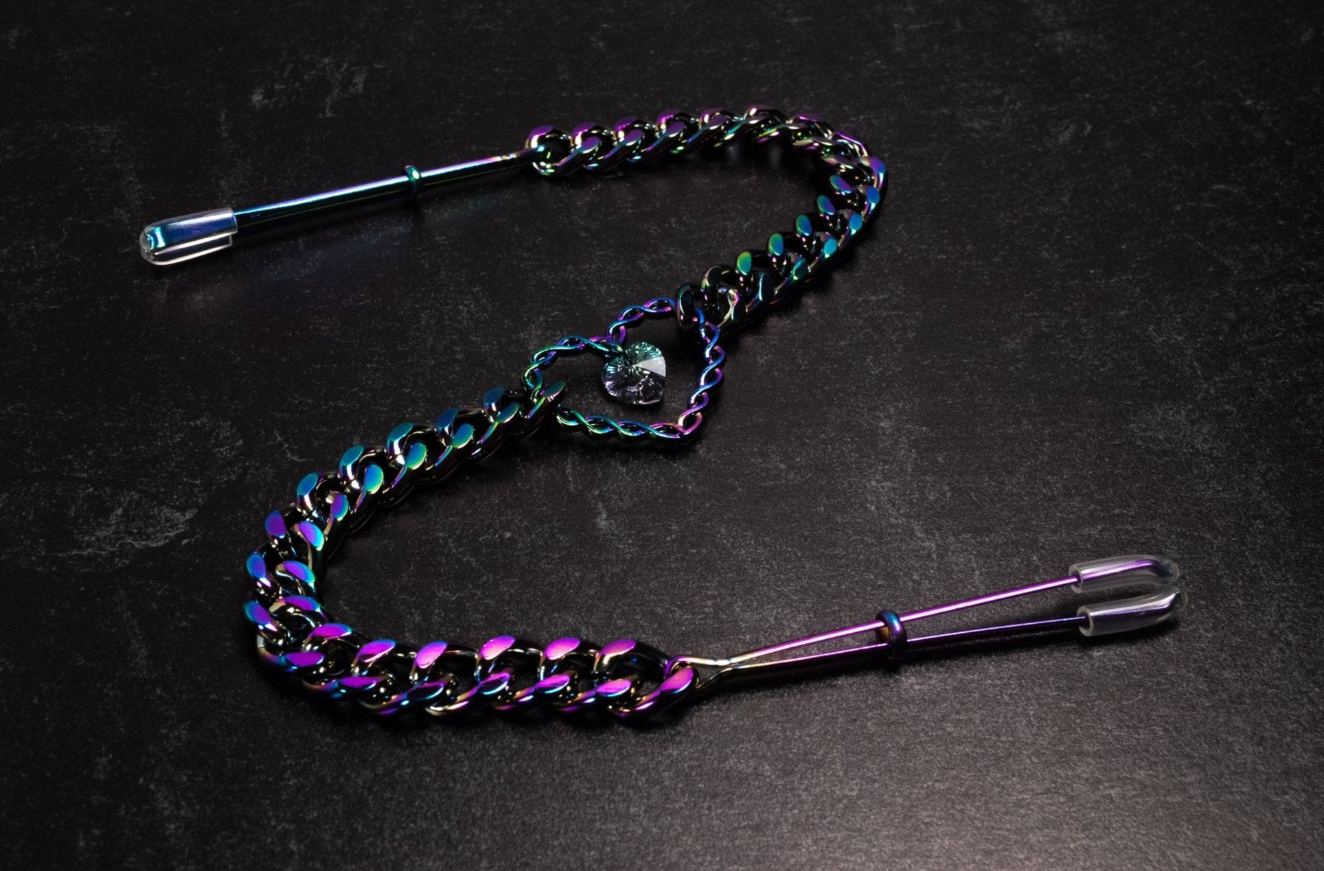 Design Your Own Crystal Rainbow Chained Heart Tweezer Nipple Clamps - 10" Chain