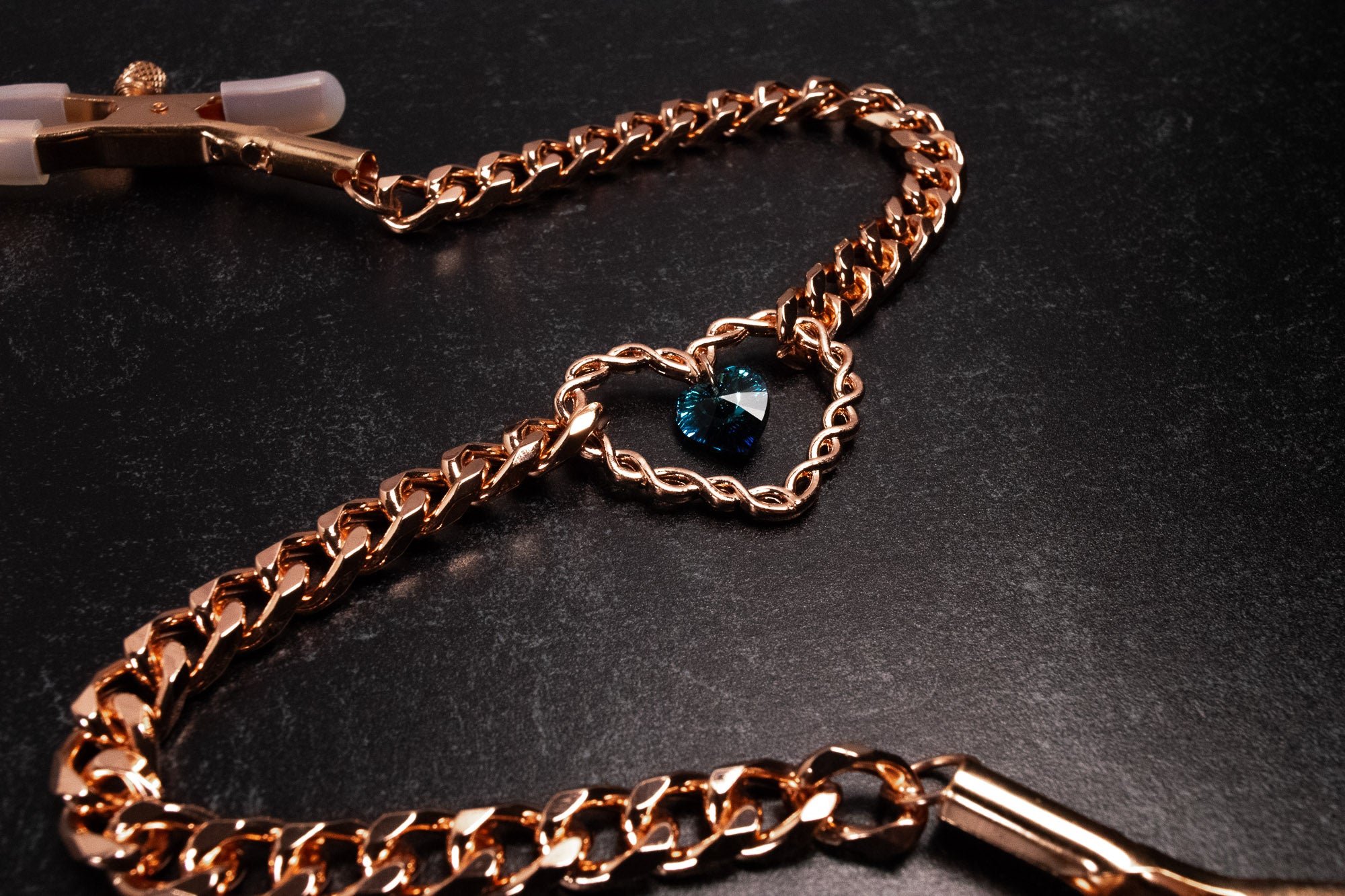 Design Your Own Crystal Rose Gold Chained Heart Clip Nipple Clamps - 10" Chain