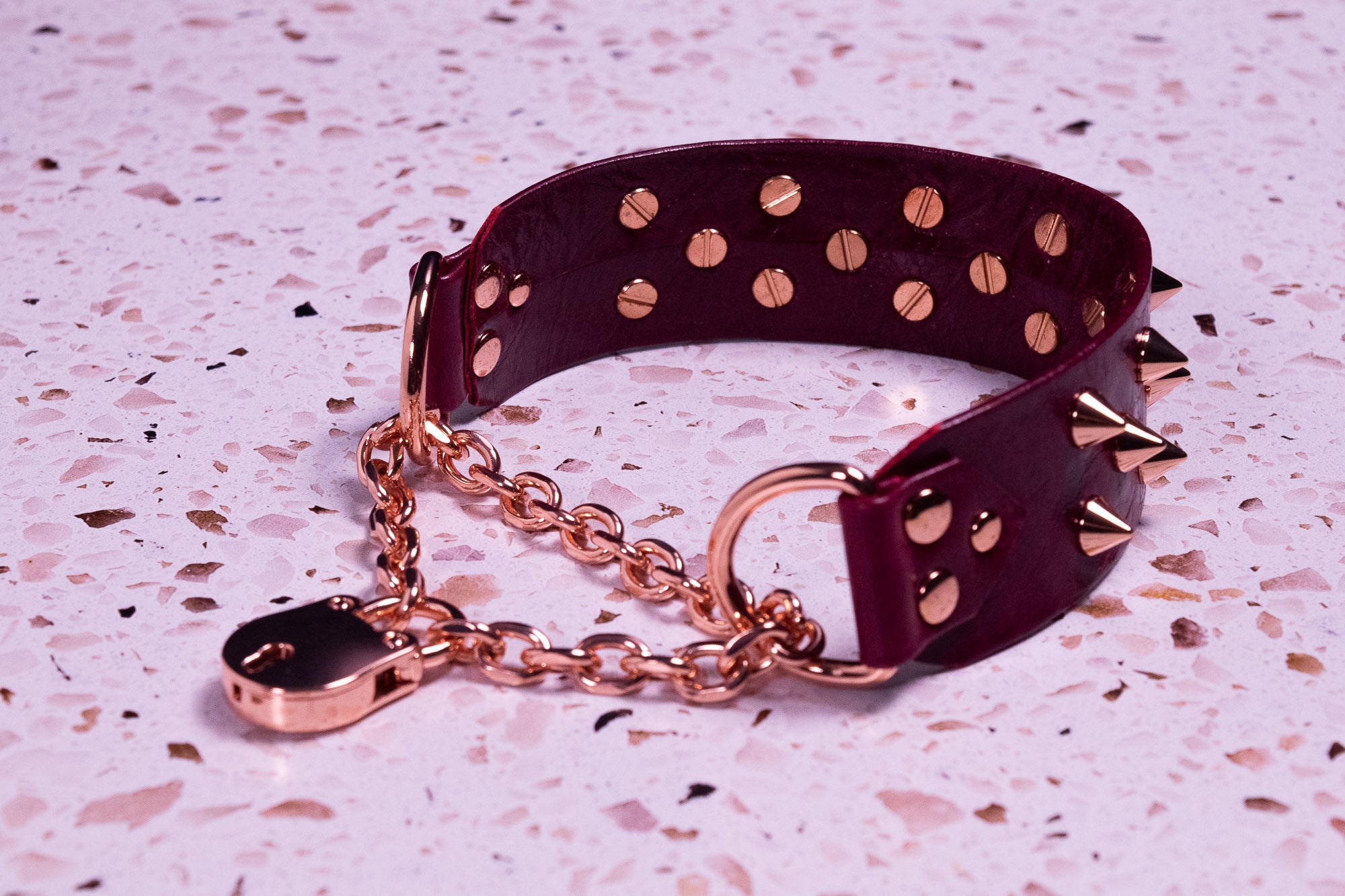 13" Spiked Cherry Leather Martingale Collar _ LIMITED _