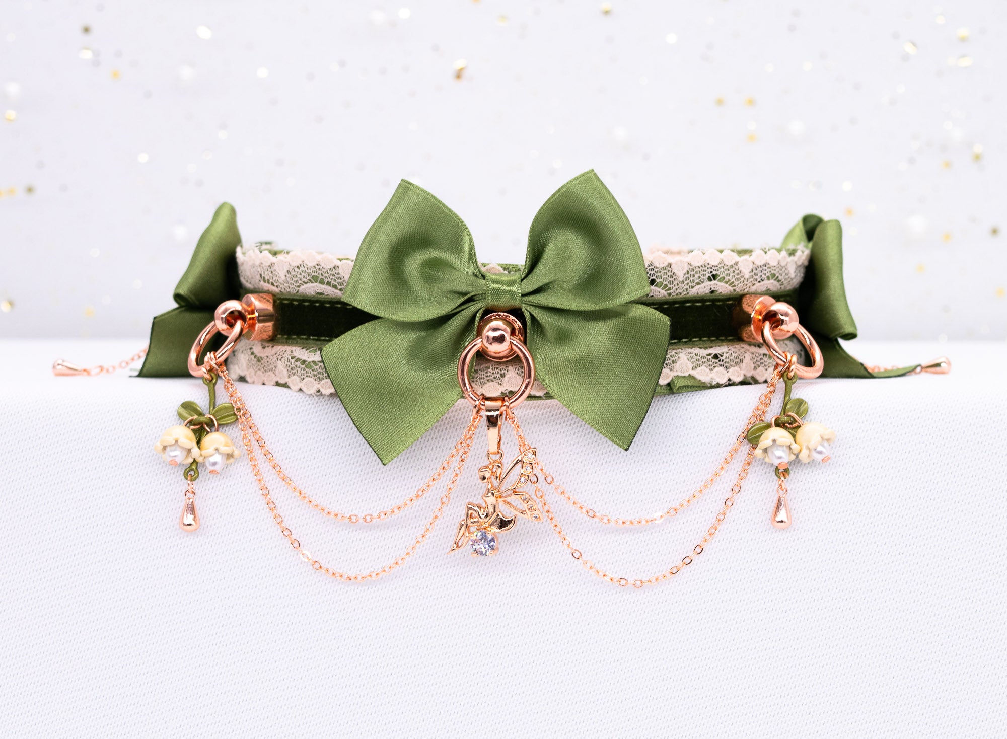 Woodland Fairy Sage Green Velvet and Rose Gold BDSM Collar