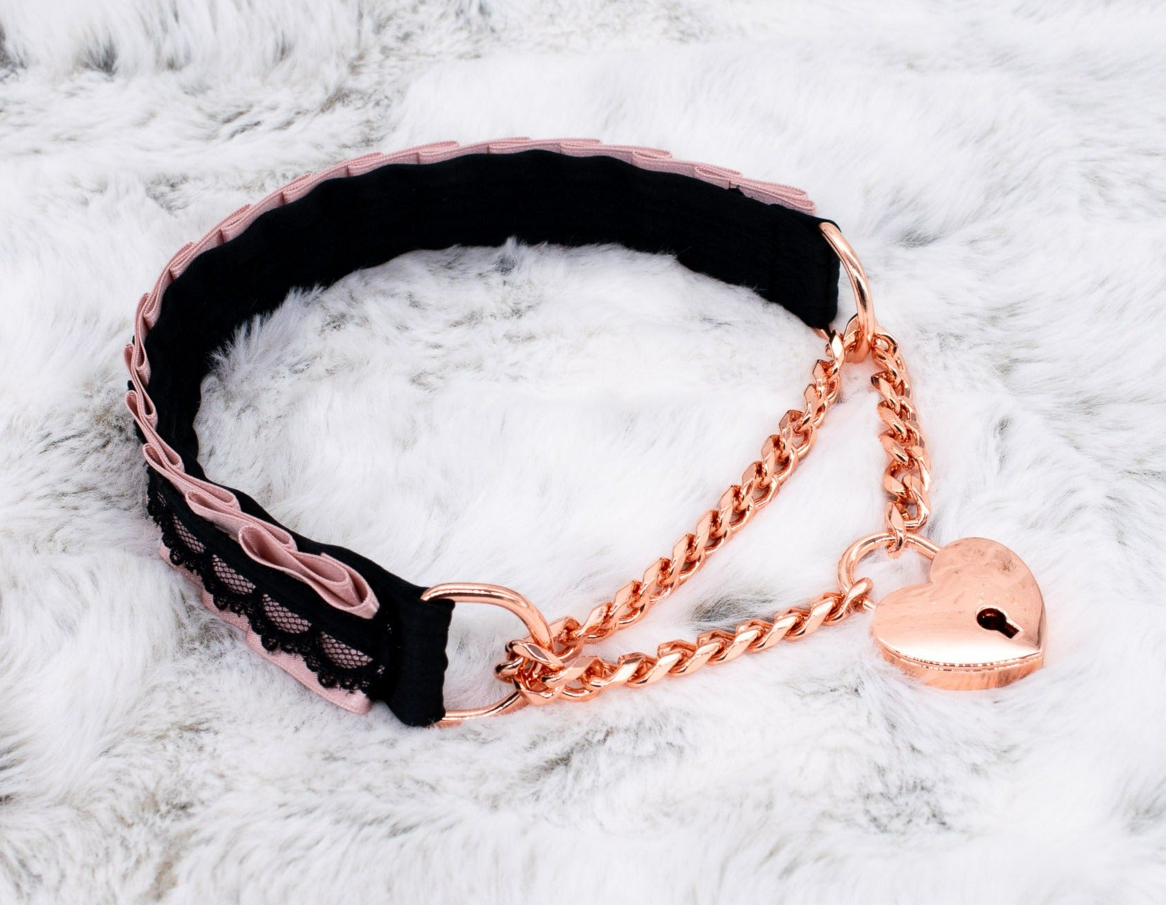 Dusty Rose and Black Lace Front-Locking Martingale BDSM Collar in Rose Gold